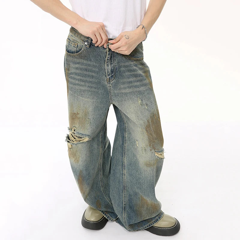 Summer Male Denim Pants Worn-out Hole Contrast Color Straight Wide Leg Casual Men's Denim Pants High Street 9C6605