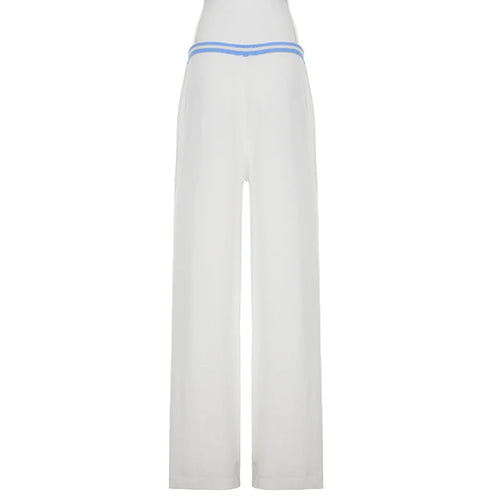 Load image into Gallery viewer, Casual Waist Contrast Color Knitted Pants Women Drawstring Full Length Straight Leg Trousers Spring Low Rise Bottoms
