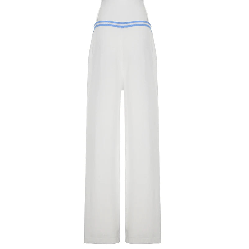 Casual Waist Contrast Color Knitted Pants Women Drawstring Full Length Straight Leg Trousers Spring Low Rise Bottoms