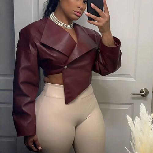 Load image into Gallery viewer, Classic Hipster Crop Jacket Women Irregular Single Buckle Button Faux Leather Autumn Wild Sexy Basic Cross Neck Coat
