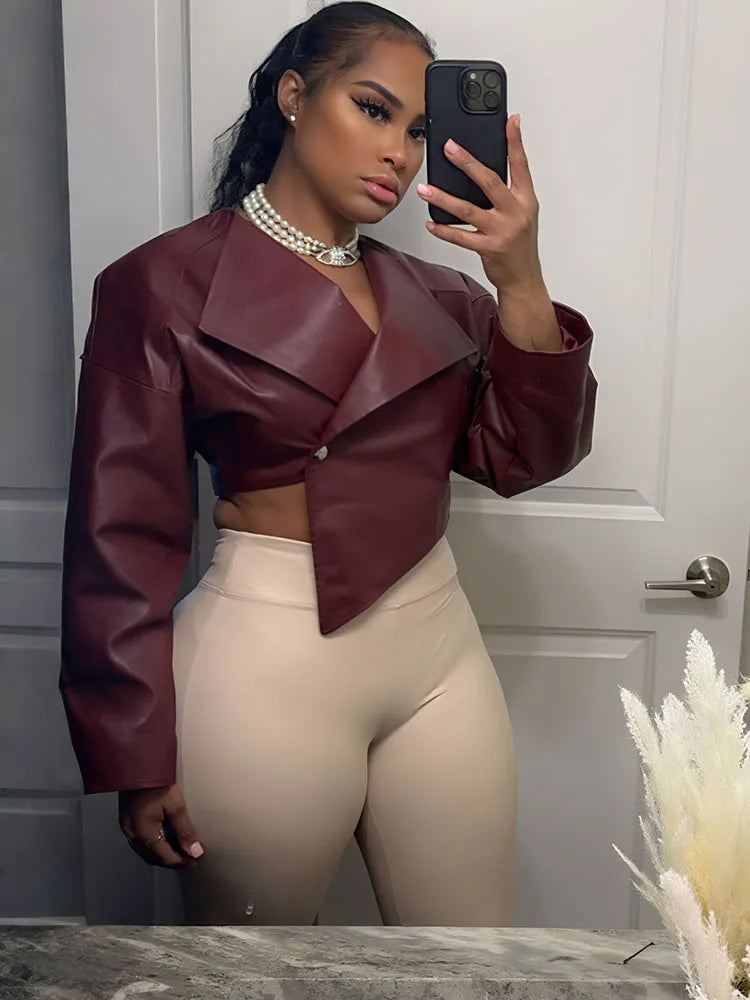 Classic Hipster Crop Jacket Women Irregular Single Buckle Button Faux Leather Autumn Wild Sexy Basic Cross Neck Coat