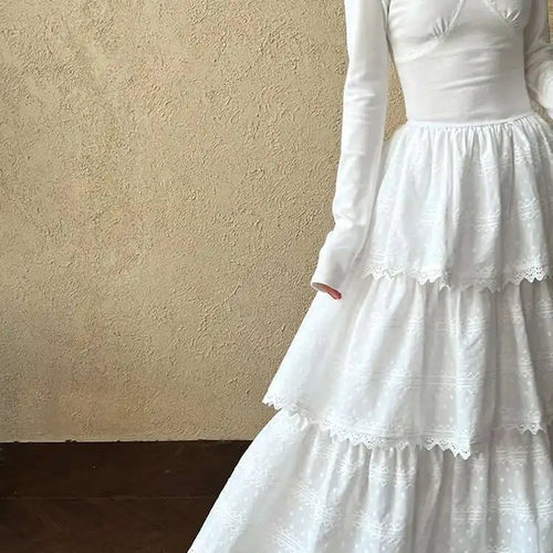 Load image into Gallery viewer, Women White Brief Slim Elegant Layers Long Cake Dress New V-Neck Long Sleeve Fashion Tide Spring Autumn 2025 1DH9982
