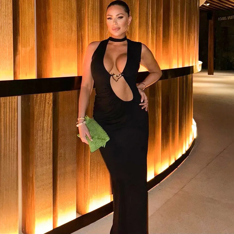 Hollow Out Halter Sexy Maxi Dress Women Summer New Metal Decoration Sleeveless Slim High Waist Long Dress Elegant