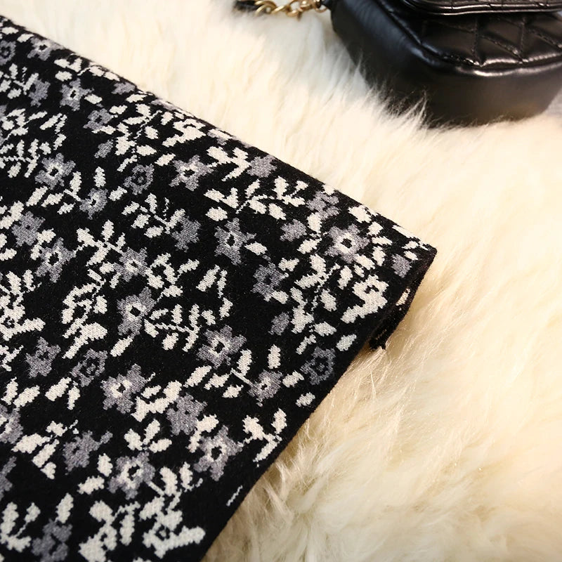 Vintage Elegant High Waist Knitted Midi Skirt Women Winter Spring Autumn Print Skirts Female A-line Ladies Pencil Wrap Skirt