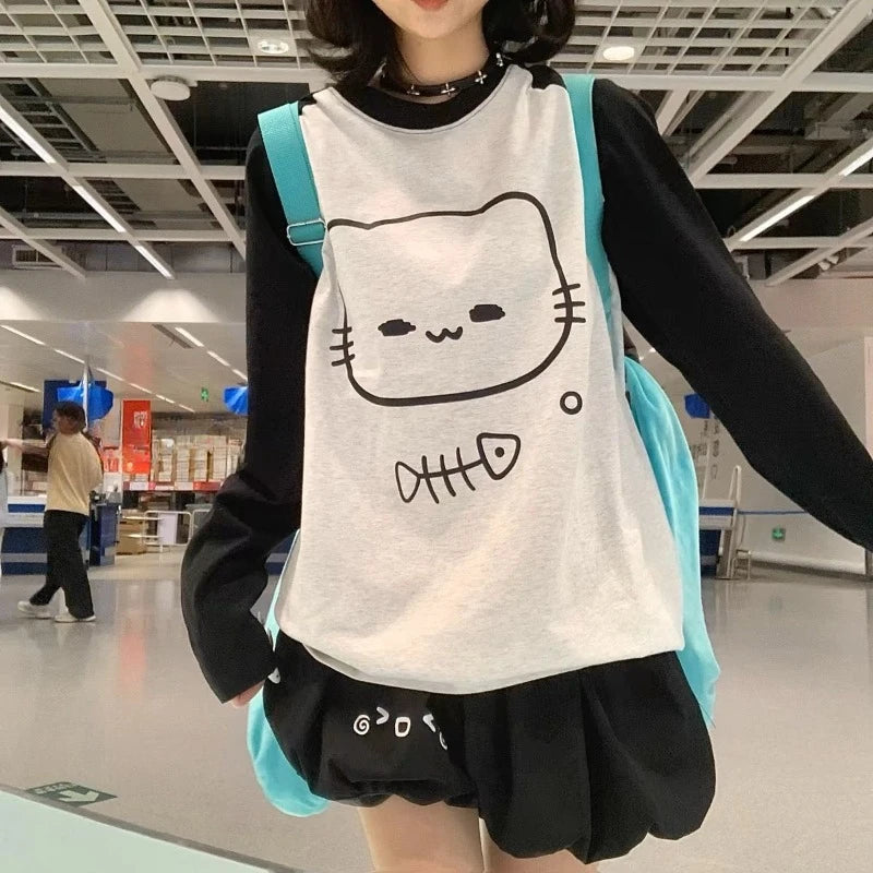 Women Clothing Cartoon Oversized T Shirts Long Sleeve O-neck Tees Fashion Casual Camisetas Y2k Tops Streetwear Korean T-shirt