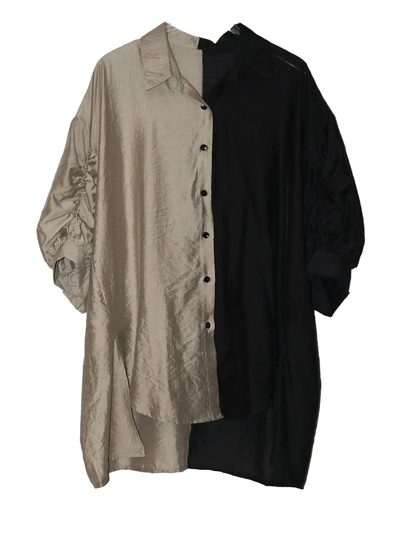 Women White Black Color-block Thin Big Size Blouse New Lapel Half Sleeve Shirt Fashion Tide Spring Summer 2025 1DJ1566