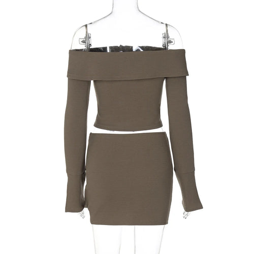 Load image into Gallery viewer, Sexy Two Piece Sets Women Off-shoulder Long Sleeve T-shirt And Mini Skirt Matching Sets Backless Sexy 2 Piece Sets
