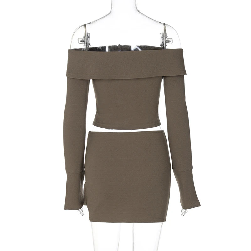 Sexy Two Piece Sets Women Off-shoulder Long Sleeve T-shirt And Mini Skirt Matching Sets Backless Sexy 2 Piece Sets