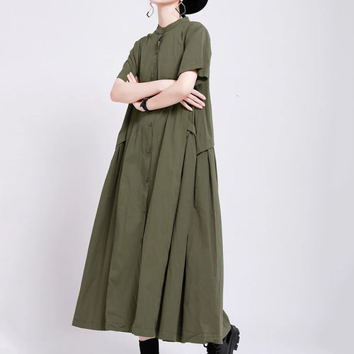 Load image into Gallery viewer, Women Army Green Pleated Elegant Long Shirt Dress New Stand Collar Short Sleeve Fashion Tide Spring Summer 2025 1DE8985
