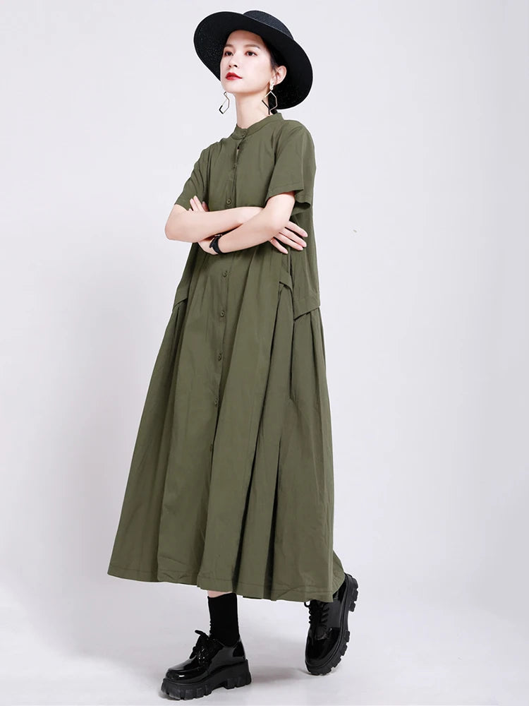 Women Army Green Pleated Elegant Long Shirt Dress New Stand Collar Short Sleeve Fashion Tide Spring Summer 2025 1DE8985