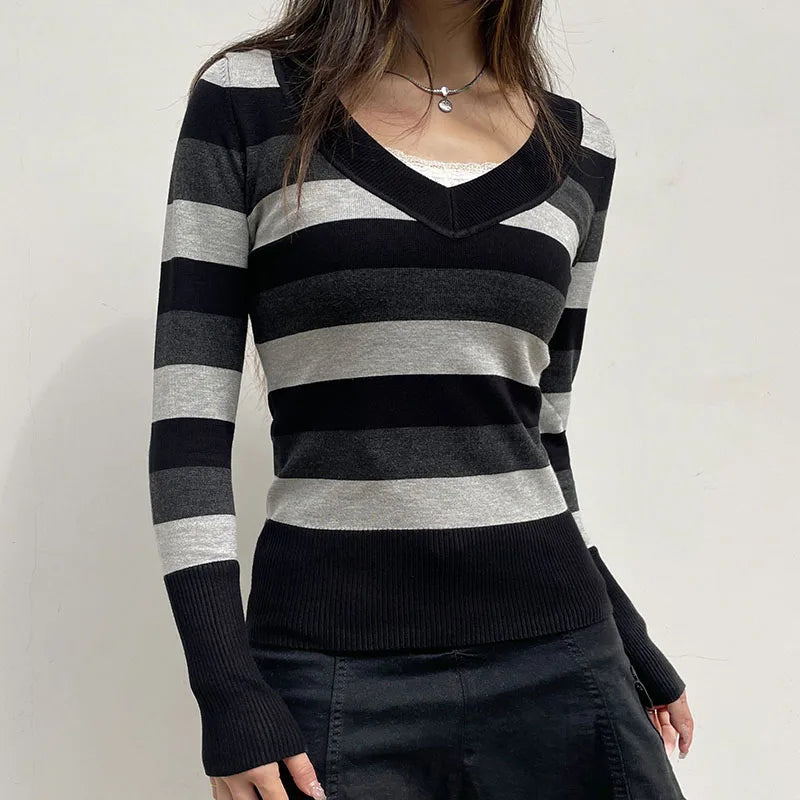 Vintage Gothic Stripe Slim Autumn Sweater Knitwear 90s Aesthetic Slim Knitted Pullover Harajuku V Neck Knit Jumpers