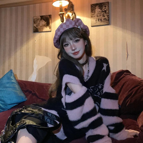 Load image into Gallery viewer, Hollow Out Harajuku Grunge Letter Jacquard Pullovers Streetwear Vintage Patchwork Jumpers Women Y2k Aesthetic Casual Sweaters
