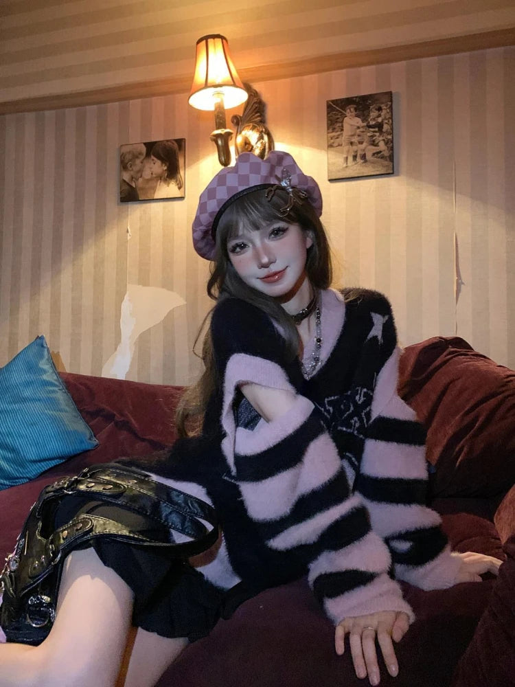 Hollow Out Harajuku Grunge Letter Jacquard Pullovers Streetwear Vintage Patchwork Jumpers Women Y2k Aesthetic Casual Sweaters