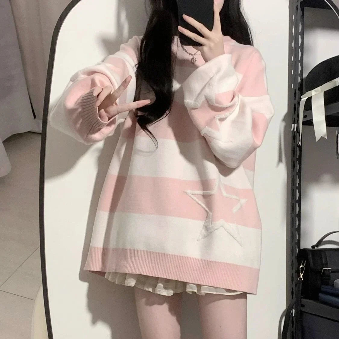 Japanese Contrast Color Star Sweaters Grunge Fashion All Match Streetwear Sueter Mujer Sweet Y2k Aesthetic Loose Jumpers Women