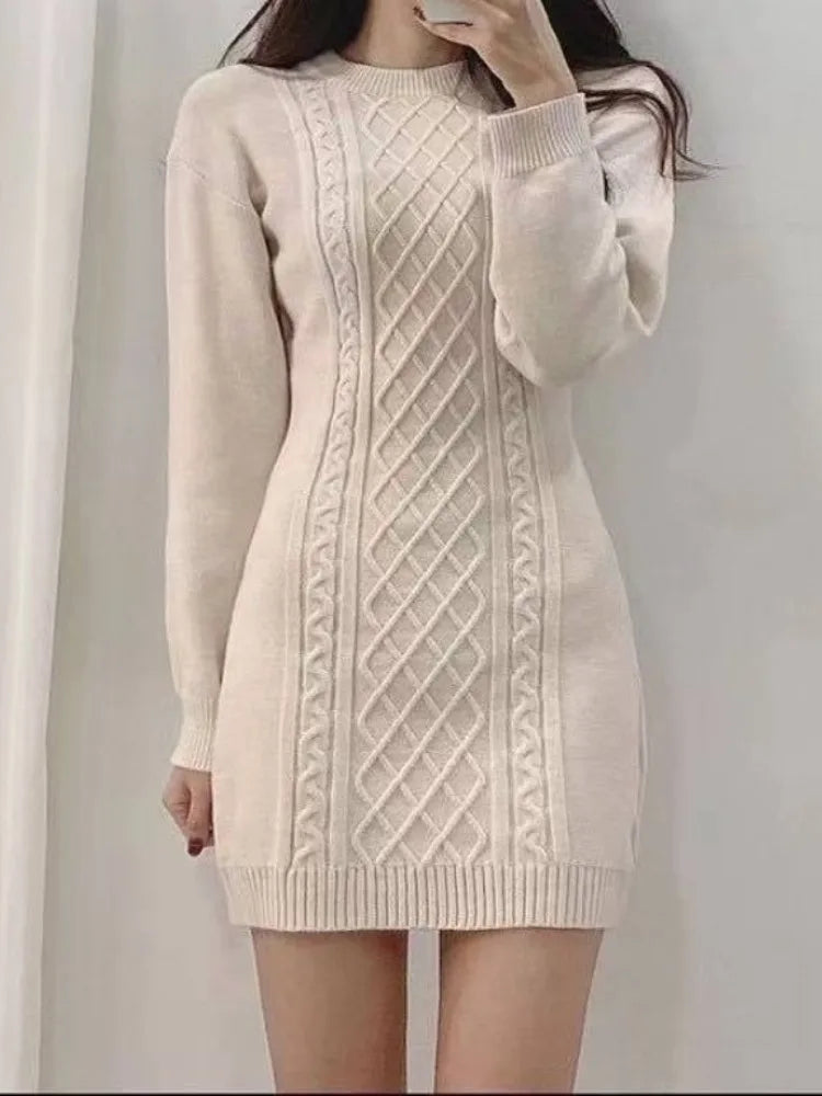 Knitted Sweater Mini Dress Women Vintage Korean Style Sexy Bodycon Wrap Knit Short Dresses Casual Elegant Autumn