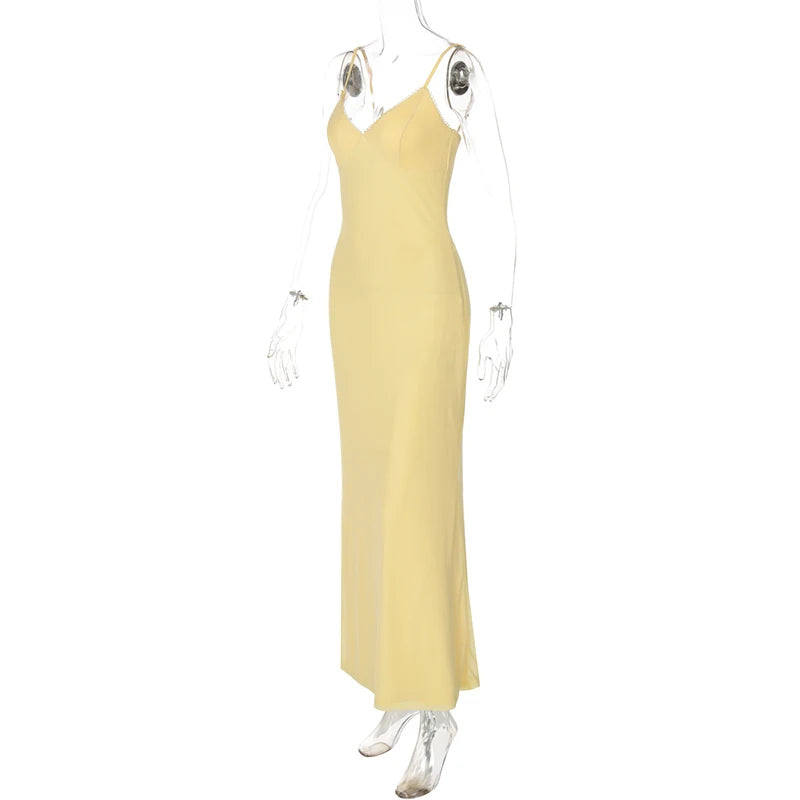 Spaghetti Strap Backless Sexy Maxi Dress For Women Gown Summer New Yellow Sleeveless Bodycon Long Dress Vestido