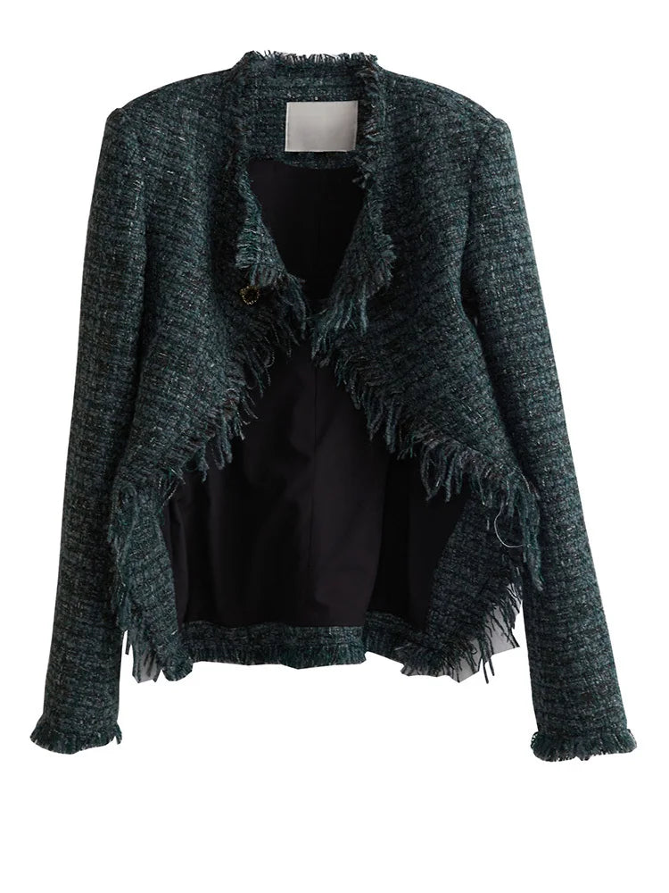 Green Irregular Hem Burr Vintage Tweed Jacket New V-neck Long Sleeve Women Coat Fashion Tide Spring Autumn 2025 1DH4720
