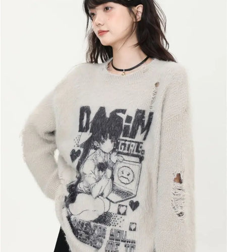 Cartoon Jacquard Japanese Grunge Sweater Women Gothic Vintage Ripped Y2k Aesthetic Jumper Streetwear Oversize Hiphop Pullover
