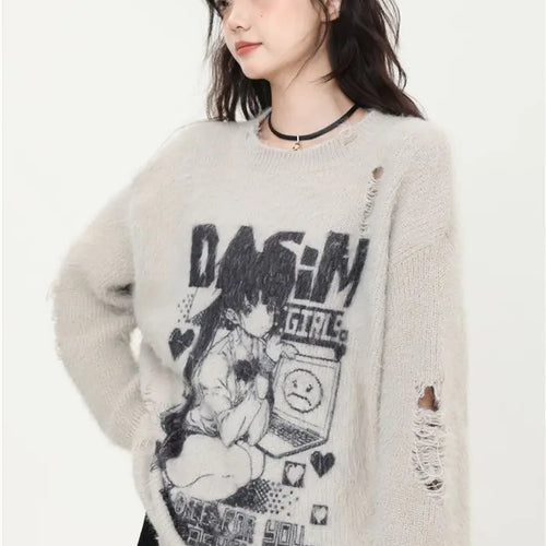 Load image into Gallery viewer, Cartoon Jacquard Japanese Grunge Sweater Women Gothic Vintage Ripped Y2k Aesthetic Jumper Streetwear Oversize Hiphop Pullover
