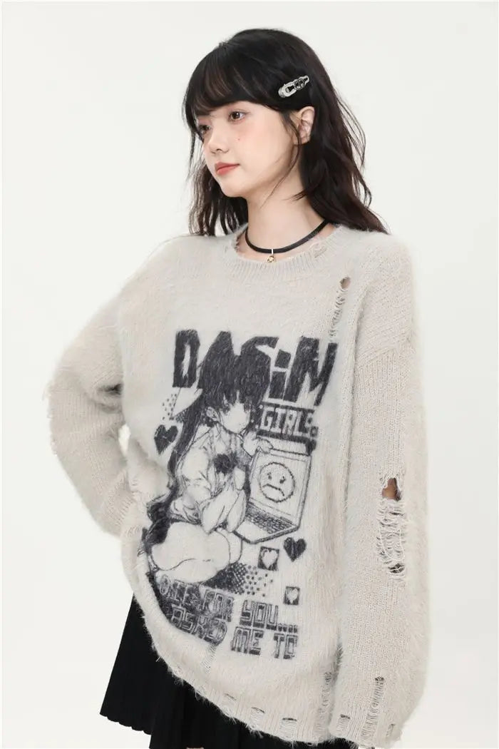 Cartoon Jacquard Japanese Grunge Sweater Women Gothic Vintage Ripped Y2k Aesthetic Jumper Streetwear Oversize Hiphop Pullover