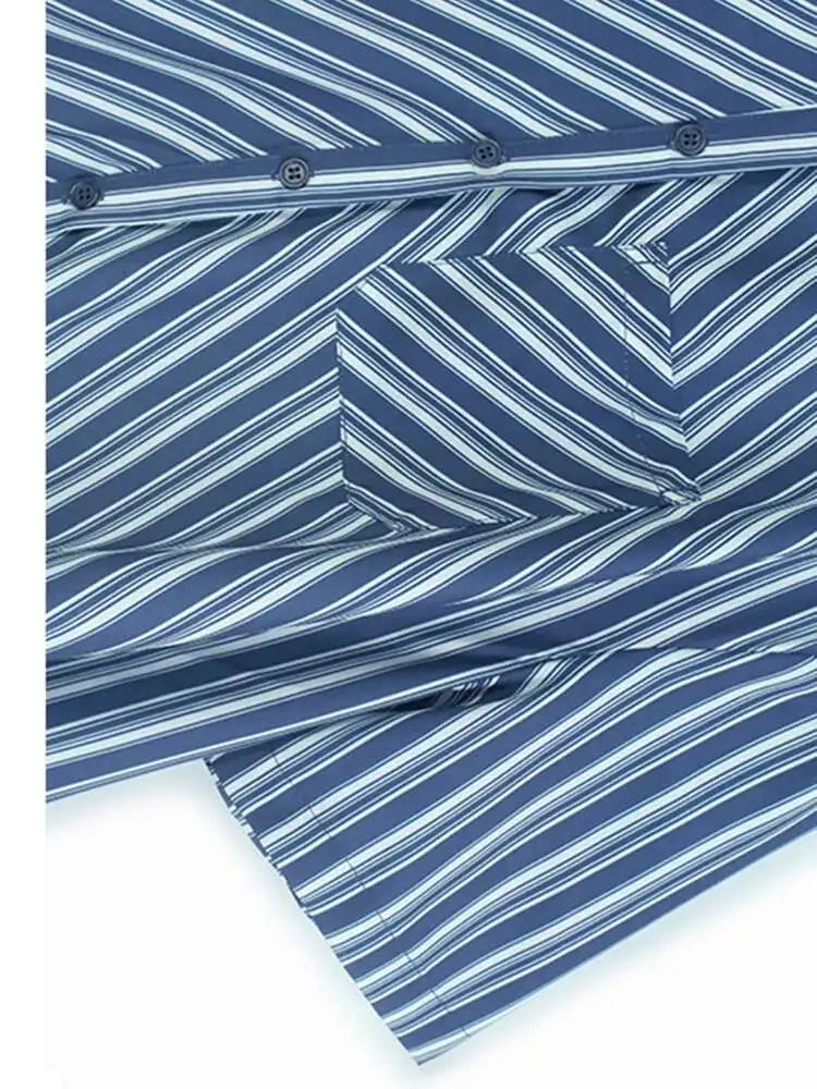 Women Blue Striped Spliced Pocket Big Size Casual Shirt Dress New Lapel Sleeve Fashion Tide Spring Summer 2025 1DH9810