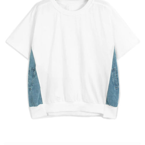 Load image into Gallery viewer, Women Gray Denim Color-block Big Size Casual T-shirt New Round Neck Short Sleeve Fashion Tide Spring Summer 2025 1DJ1584
