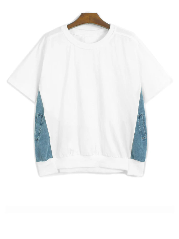 Women Gray Denim Color-block Big Size Casual T-shirt New Round Neck Short Sleeve Fashion Tide Spring Summer 2025 1DJ1584