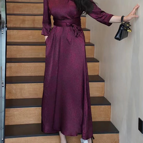 Load image into Gallery viewer, Solid Spliced Lace Up Slimming Dresses For Women V Neck Long Sleeve High Waist Temperament Elegant Dress Female New
