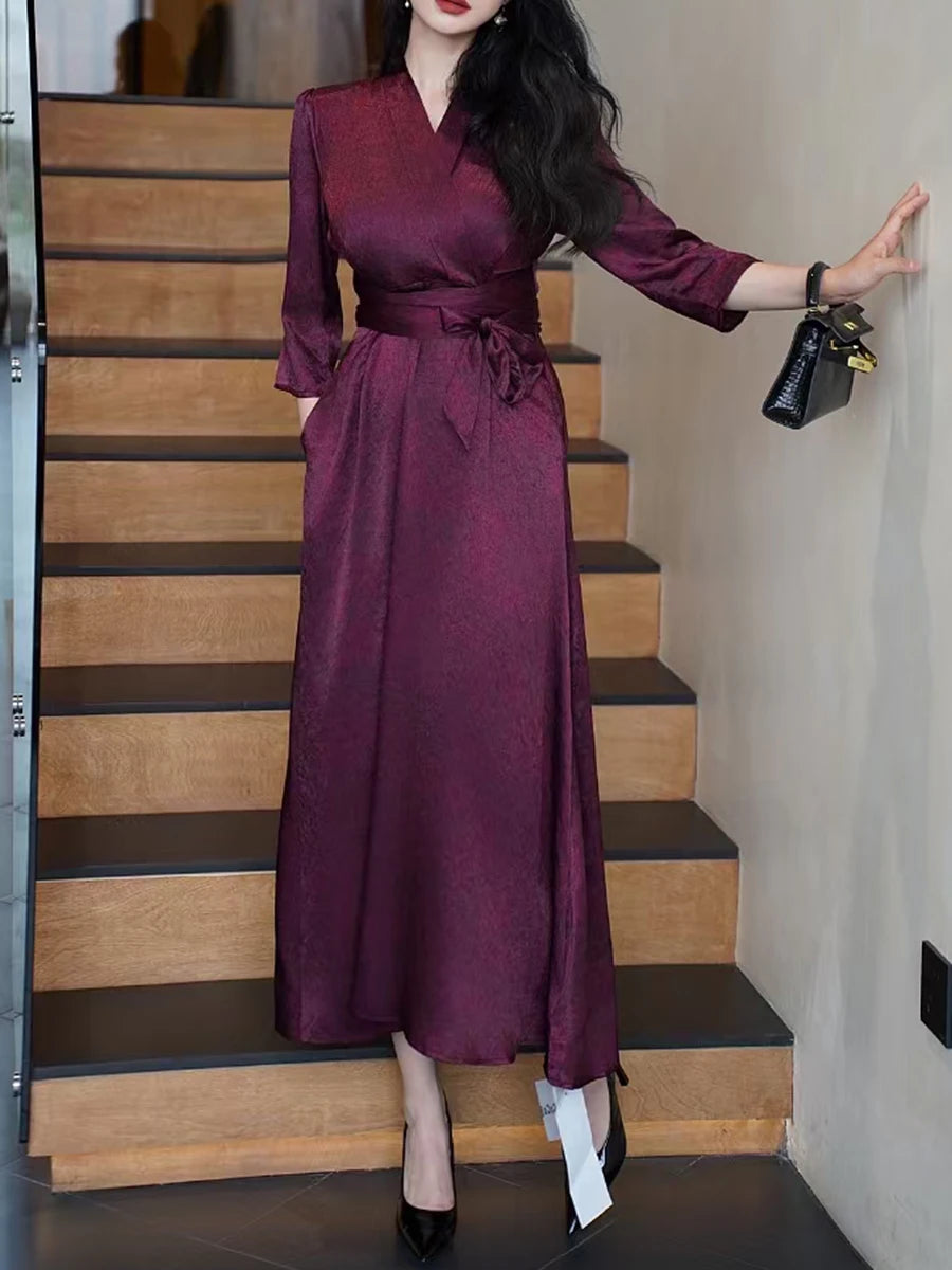 Solid Spliced Lace Up Slimming Dresses For Women V Neck Long Sleeve High Waist Temperament Elegant Dress Female New