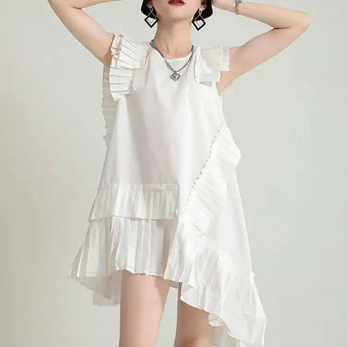 Load image into Gallery viewer, Women White Irregular Pleated Big Size Elegant Dress New Round Neck Sleeveless Fashion Tide Spring Summer 2025 1DH5375
