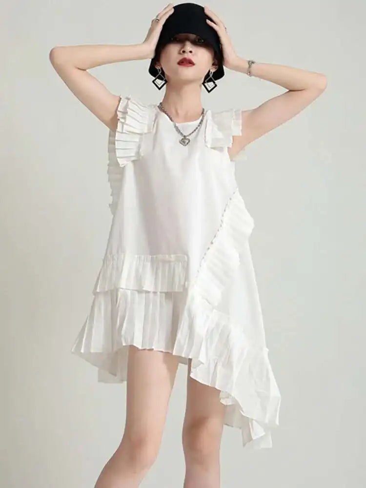 Women White Irregular Pleated Big Size Elegant Dress New Round Neck Sleeveless Fashion Tide Spring Summer 2025 1DH5375