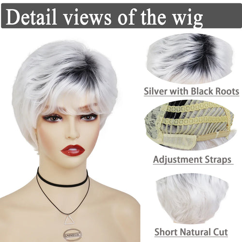 Load image into Gallery viewer, Synthetic Hair Silver White Wigs for Women Black Root Short Haircuts Natural Wigs Pixie Cut Old Lady Wig Granny Grey Blanche Wig
