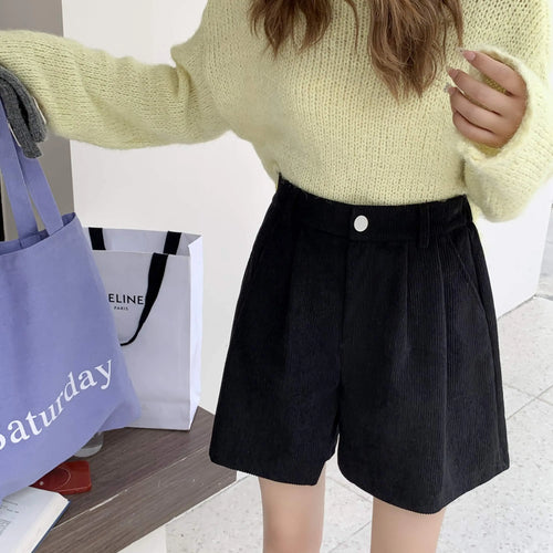Load image into Gallery viewer, Korean Fashion Women Black High Waist Corduroy Shorts Autumn Winter Lady Beige Wide Legs Short Pant Simplicity Casual Streetwear
