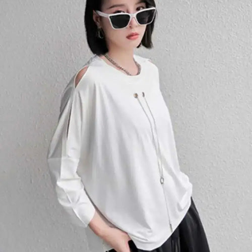 Load image into Gallery viewer, Women Black Zipper Metal Chain Big Size Casual T-shirt New Round Neck Long Sleeve Fashion Tide Spring Autumn 2025 1DF4693
