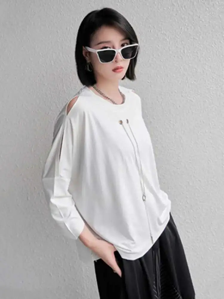 Women Black Zipper Metal Chain Big Size Casual T-shirt New Round Neck Long Sleeve Fashion Tide Spring Autumn 2025 1DF4693