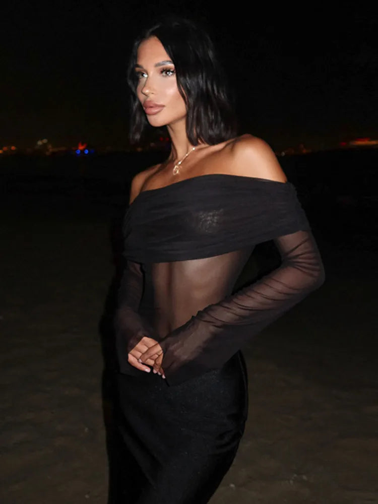 Elegant Mesh Off Shoulder Bodycon Party Club Evening Dress For Women Spring2025 New Long Sleeve Sexy Perspective Vestido