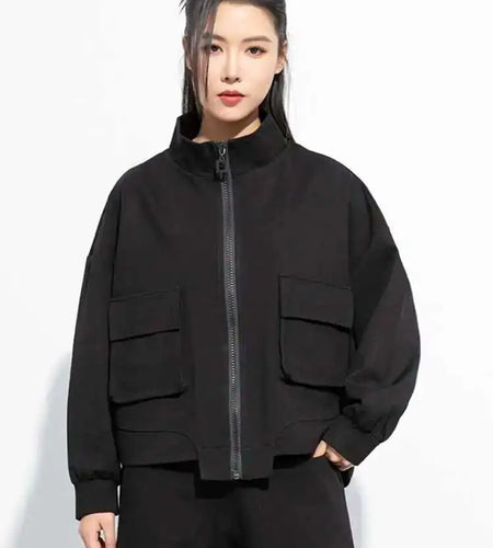 Black Pocket Big Size Casual Jacket New Stand Collar Long Sleeve Women Coat Fashion Tide Spring Autumn 2025 1DH5067