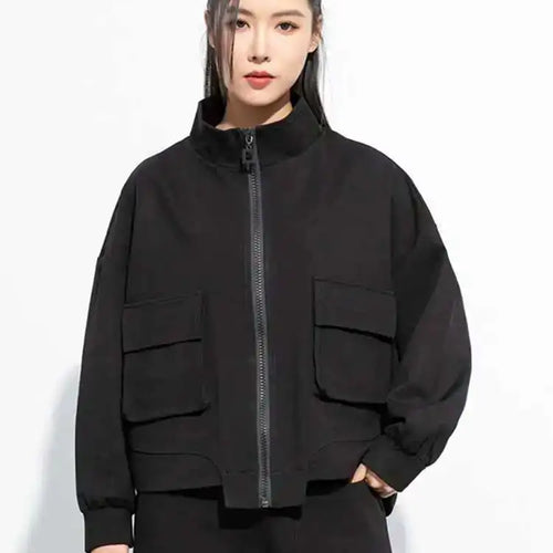 Load image into Gallery viewer, Black Pocket Big Size Casual Jacket New Stand Collar Long Sleeve Women Coat Fashion Tide Spring Autumn 2025 1DH5067
