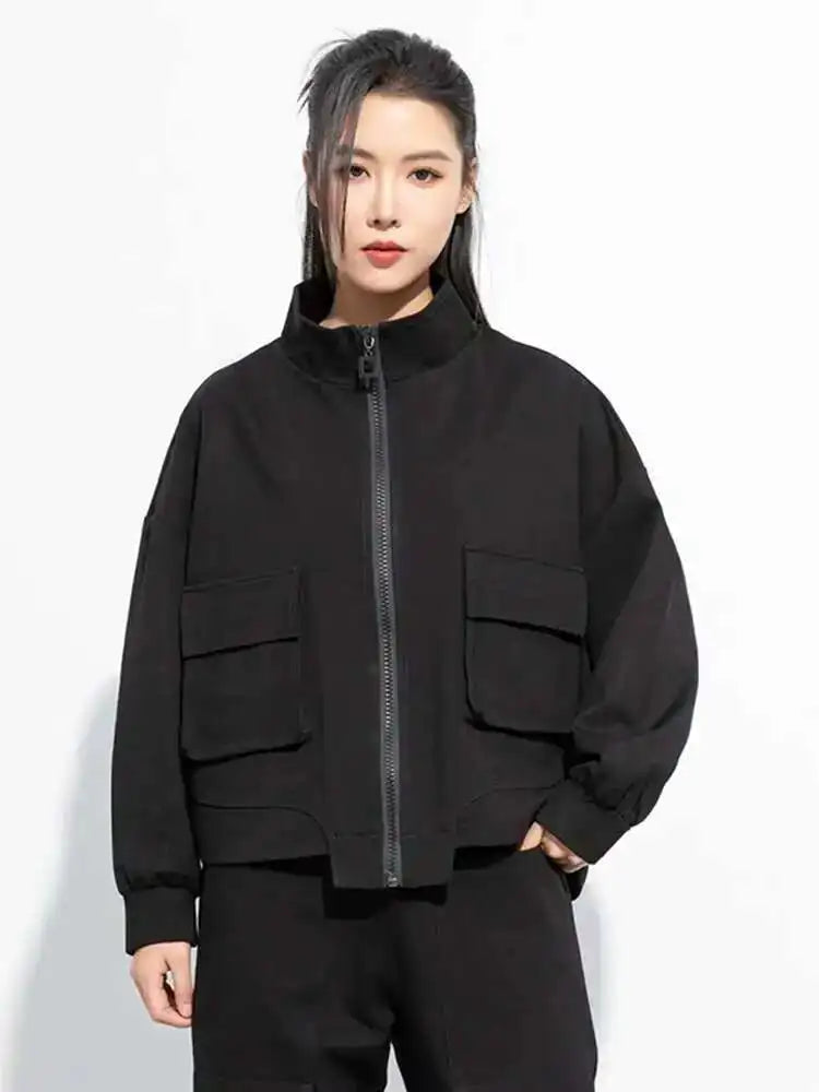 Black Pocket Big Size Casual Jacket New Stand Collar Long Sleeve Women Coat Fashion Tide Spring Autumn 2025 1DH5067