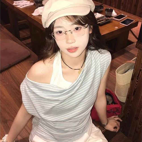 Load image into Gallery viewer, 2025 Harajuku Fake Two Pieces Stripe T-shirt Women Y2k Aesthetic Halter Patchwork Grunge Tees Streetwear Casual Pleated Tshirts
