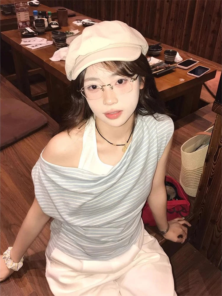 2025 Harajuku Fake Two Pieces Stripe T-shirt Women Y2k Aesthetic Halter Patchwork Grunge Tees Streetwear Casual Pleated Tshirts