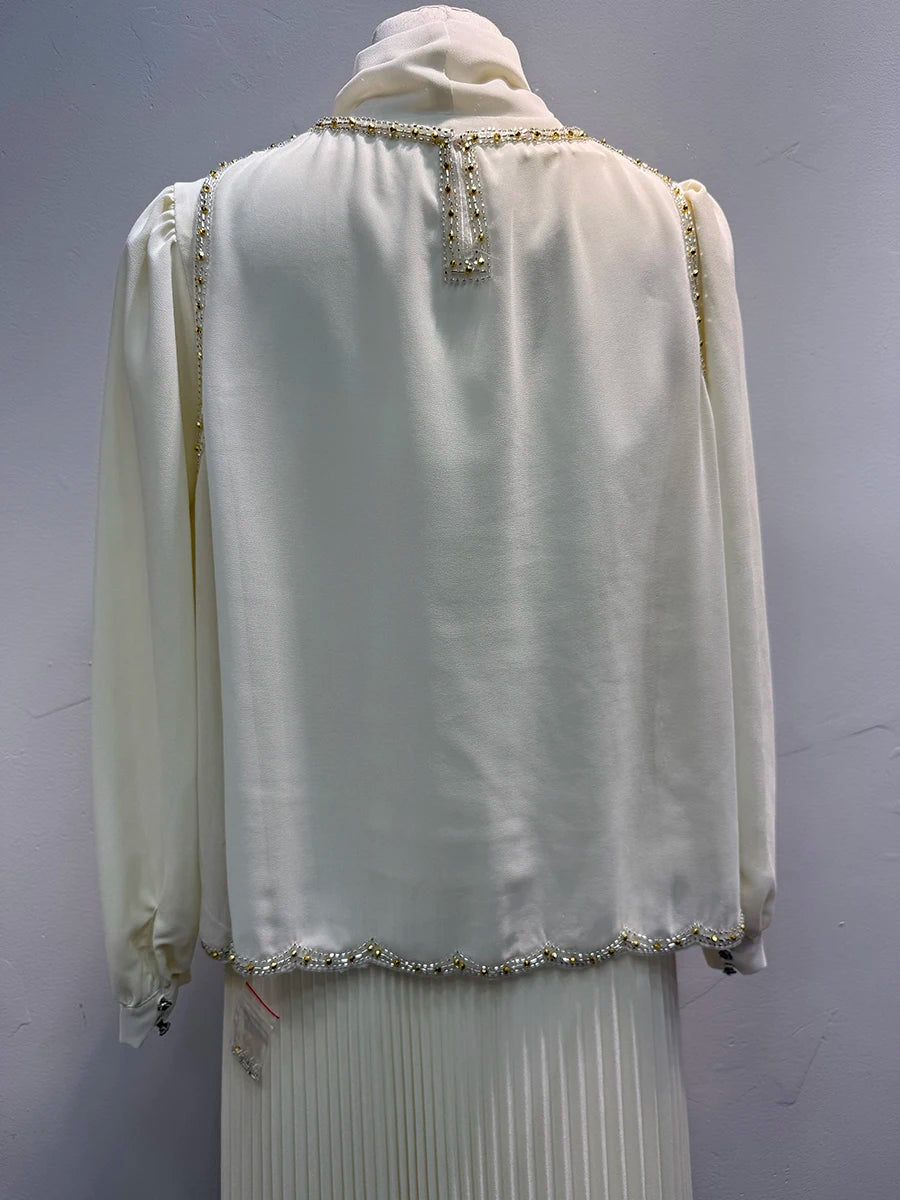 Spliced Sequines Two Piece Set For Women O Neck Sleeveless Waistcoat Patchwork Lace Up Long Sleeve Dress Set Female