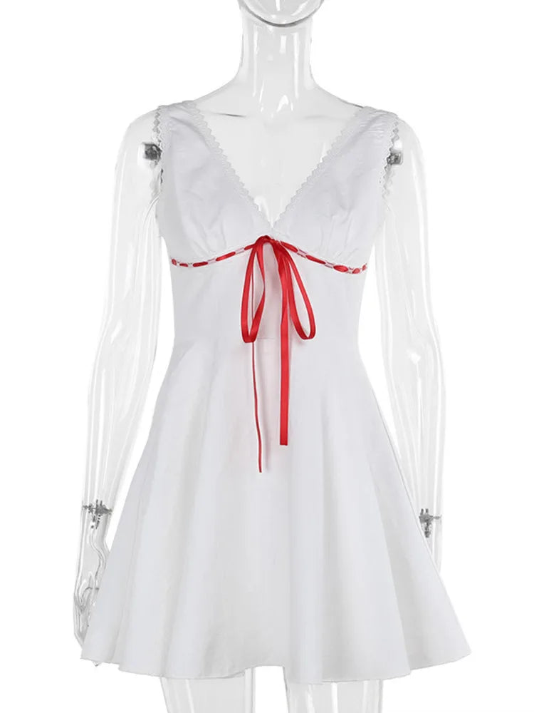 Sexy Lace Patchwork Lace Up Slim Fit Dress For Women Summer 2024 New Fashiona Woven V-neck Suspender Female Vestidos