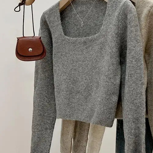 Load image into Gallery viewer, Korean Fashion Women's Solid Long Sleeve Square Neck Knitted Sweater 2024 Autumn Winter New Holiday Short Tops Casual Simplicity
