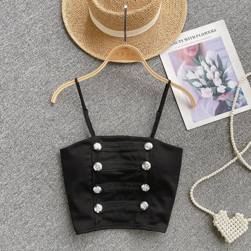 Load image into Gallery viewer, French Style Vintage Black Double Breasted Suspender Women's Summer Sexy Club Slim White Short Slip Top Fashion Versatile Simple
