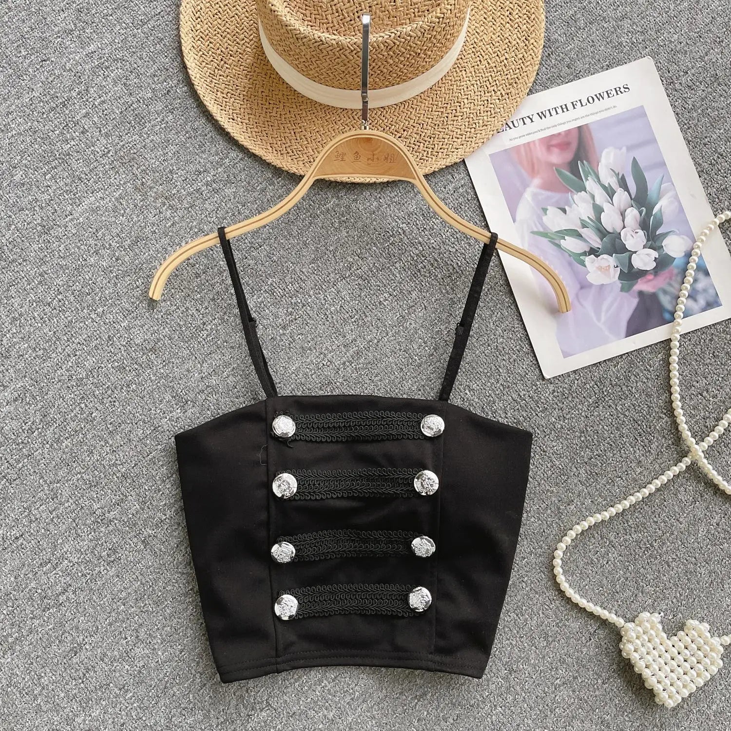 French Style Vintage Black Double Breasted Suspender Women's Summer Sexy Club Slim White Short Slip Top Fashion Versatile Simple