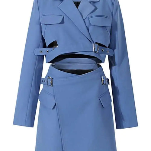 Load image into Gallery viewer, Women Blue Cross Buckle Hollow Out Blazer Dress New Lapel Long Sleeve Loose Fit Fashion Tide Spring Autumn 2025 1DE3323
