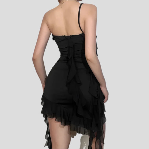 Load image into Gallery viewer, Sexy Bodycon Dress Black Club Outfits Asymmetrical Floral Applique Ruffle Fringed One Shoulder Short Dresses P71-CG25
