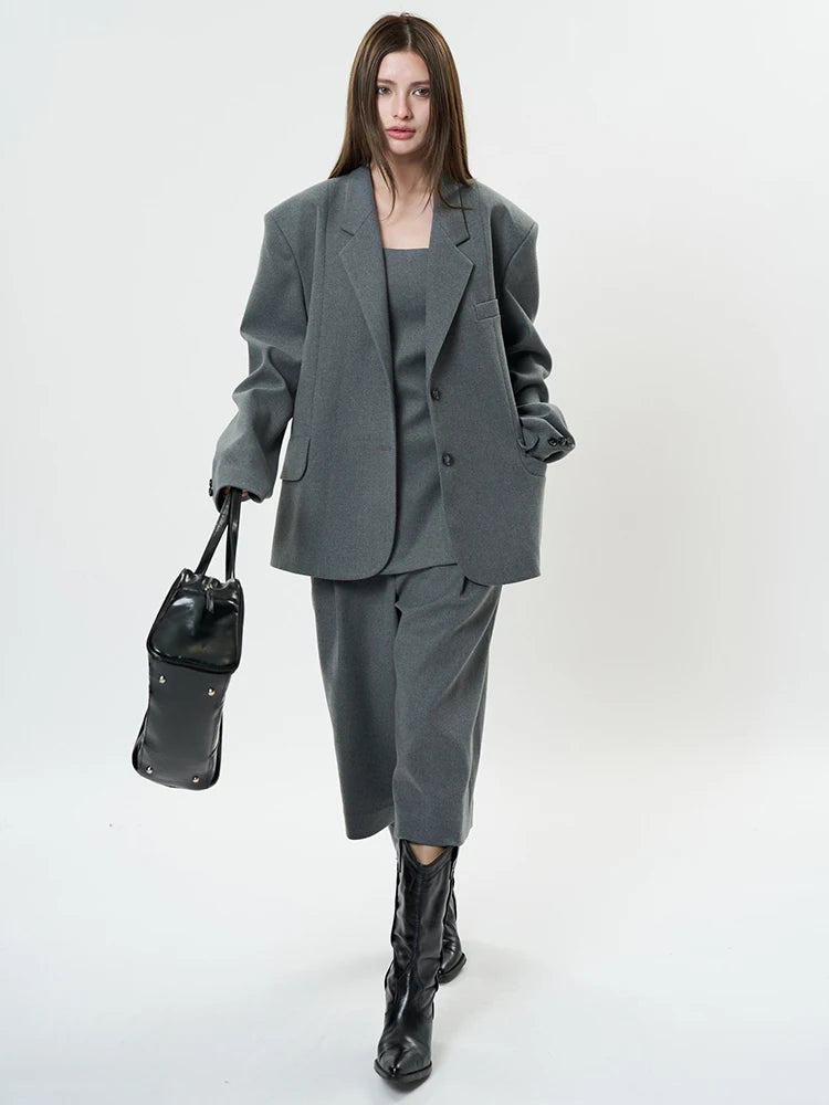 Women Gray Brief Shaped Elegant Big Size Blazer New Lapel Long Sleeve Jacket Fashion Tide Spring Autumn 2025 1DH9578