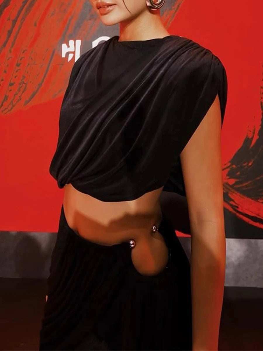 Solid Spliced Folds Two Piece Sets for Women Round Neck Sleeveless Top High Waist Sheer Pant Set Female Clothes New